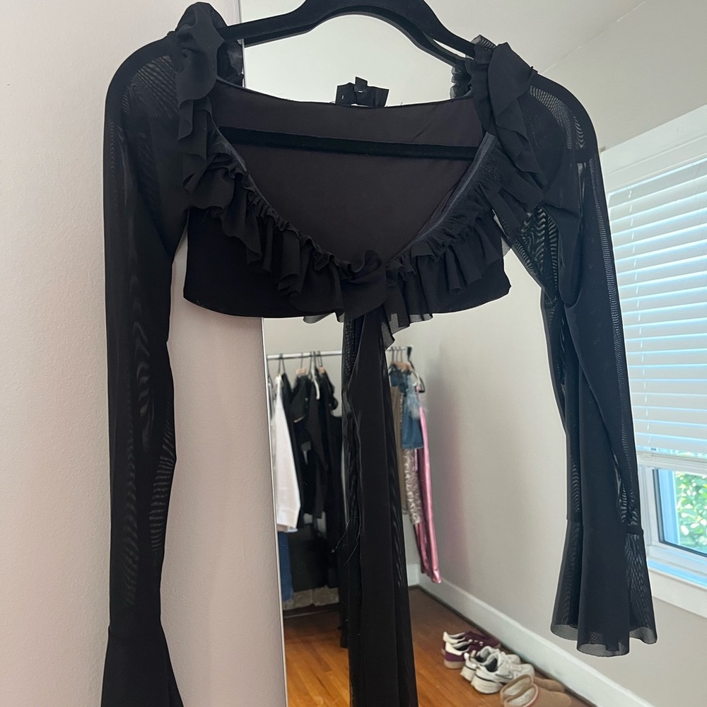 MAJORELLE Black Sheer Ruffle Blouse